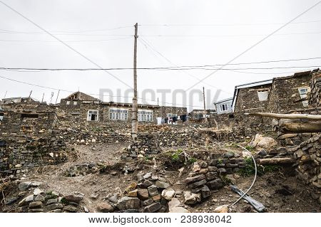 Azerbaijan, Khinalig Mountain Settlement View, Houses Of Local Residents. Located High Up In The Mou