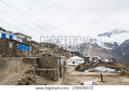 Azerbaijan, Khinalig Mountain Settlement View, Houses Of Local Residents. Located High Up In The Mou