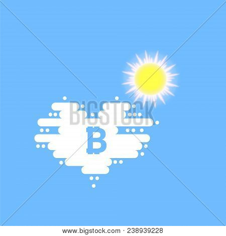 Bitcoin In Cloud And Sun In The Shape Of A Heart With Shadow And Blue Sky Background.