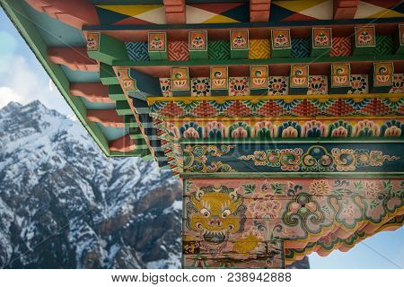 Decorative Elements Of Entrance To The Buddhist Temple. Annapurna Circuit