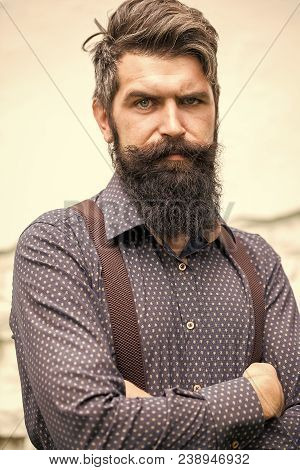 Closeup View Of One Handsome Senior Stylish Man With Black Hair And Long Lush Beard In Blue Shirt St