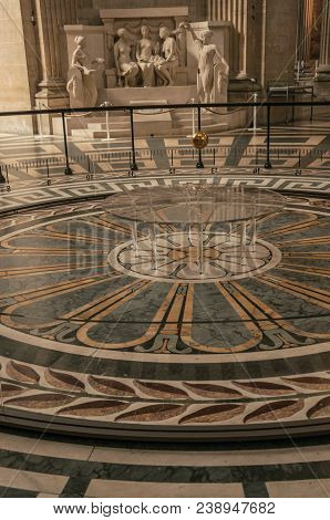 Paris, Northern France - July 12, 2017. View Of The Famous Foucault Pendulum Copper Ball Swinging In