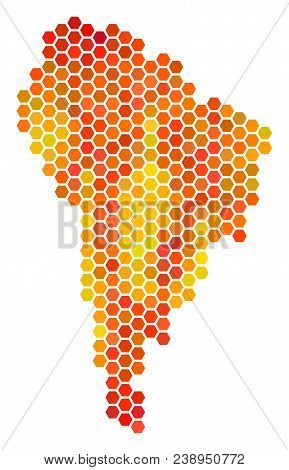 South America Map. Vector Hex Tile Territory Map Drawn With Orange Color Tinges. Impressive South Am