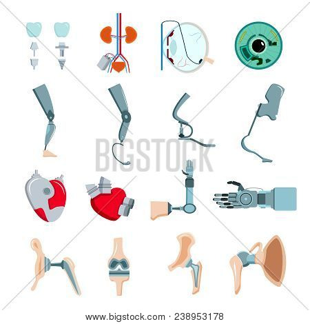 Orthopedic Prothesis Medical Implants Artificial Body Parts Flat Icons Collection With Mechanical He