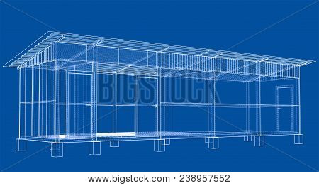 Household Building Project. Vector Rendering Of 3d. Wire-frame Style. The Layers Of Visible And Invi