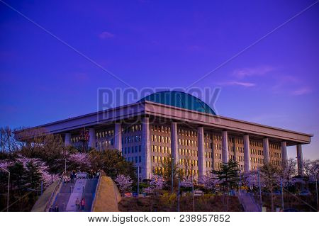 Seoul, South Korea - April 4, 2018: The National Assembly In Seoul, South Korea In A Beautiful Sunse