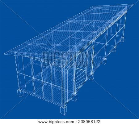 Household Building Project. Vector Rendering Of 3d. Wire-frame Style. The Layers Of Visible And Invi