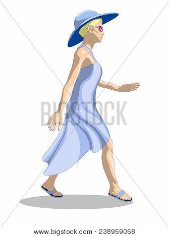 A Girl In A Summer Dress, Hat And Glasses Is Walking. Isolated On White Background Vector Illustrati
