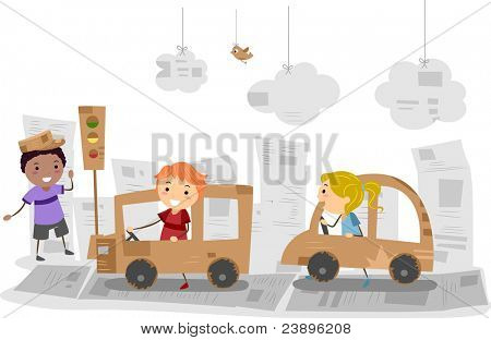 孩子们玩汽车图作出的纸箱