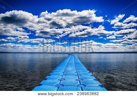 Long Pier On Blue Lake. Landscape Naroch, Belarus