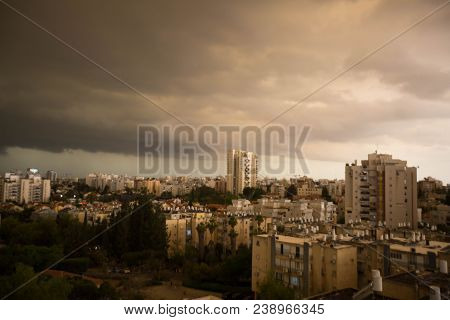 Rishon Le Zion, Israel -april 25, 2018: Dark Clouds Asperatus Before The Storm Over The City.