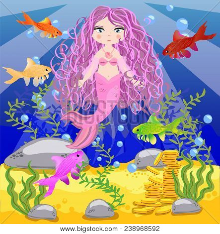 Vector Background With An Underwater World In A Children's Style. A Mermaid Is Sitting On A Rock. Wo