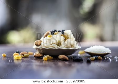 Popular Indian And Asian Dessert Suji Ka Halwa Or Rava With Organic Almonds, Cashews And Black & Gol