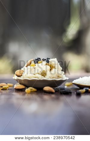 Popular Indian And Asian Dessert Suji Ka Halwa Or Rava With Organic Almonds, Cashews And Black & Gol