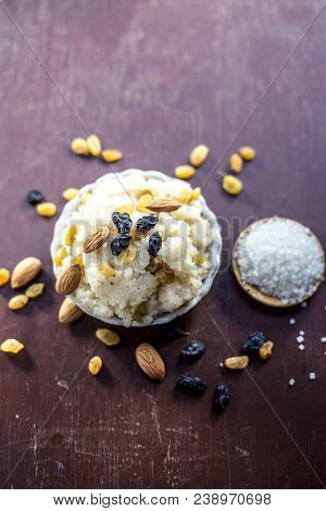 Popular Indian And Asian Dessert Suji Ka Halwa Or Rava With Organic Almonds, Cashews And Black & Gol
