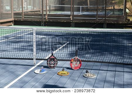 Pound Ridge, New York-april 18: Platform Tennis Paddles Are Seen At Private Club Platform Paddle Cou