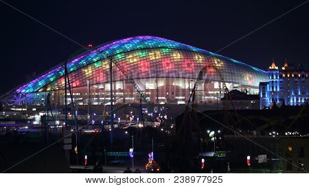 Fisht Arena In Sochi, Russia, 2017, Before World Championship 2018, Night Panoramic Horizontal Photo