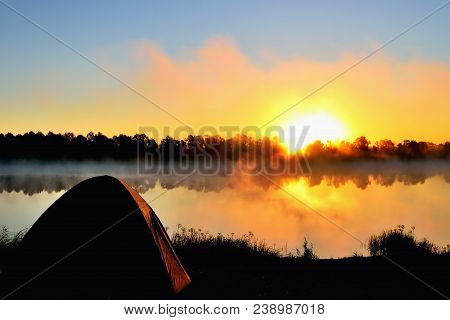 Morning, Dawn, River, Tent, Silhouette, Reflection In Water, Sun, Fog.