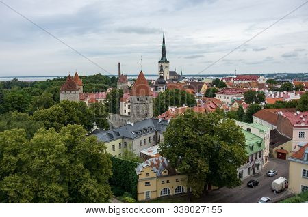 Tallinn, Estonia - July 29, 2017:  Aerial Cityscape With Medieval Old Town, St. Olaf Baptist Church 