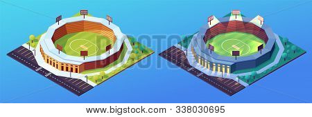 Set Of Isolated Day And Night Stadiums For Cricket Game. Building With Grass Field And Illuminated F