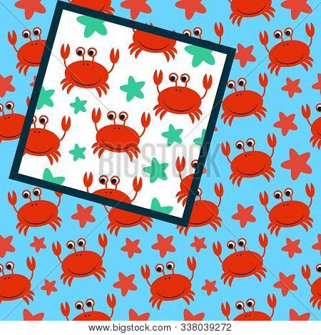 Two Vector Seamless Patterns With Crub On White And  Blue Background With Seastars.