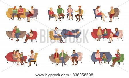 Psychotherapist Services, Psychotherapy Session Vector. Couples And Families, Kids And Teenagers Or 