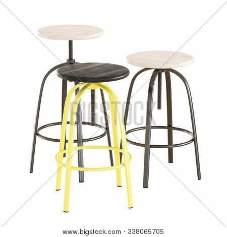 Three Round Bar Stools With Thin Metal Legs On An Isolated Background. 3d Rendering