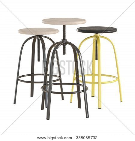 Three Round Bar Stools With Thin Metal Legs On An Isolated Background. 3d Rendering
