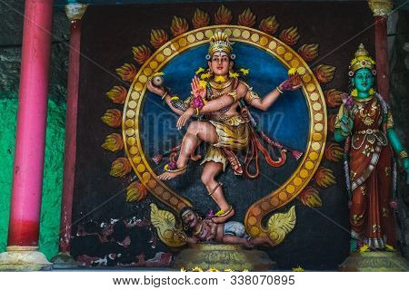 Indian Deity Statues Decorating The Batu Caves From The Outside, Malaysia. The Cave Is One Of The Mo