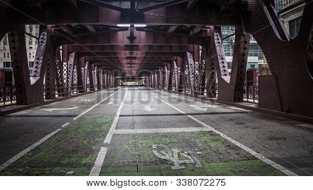 Deserted City Street Under A Railway Bridge In Chicago
