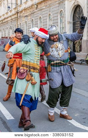 Timisoara, Romania - September 28, 2019: Men Dressed In Turkish Medieval Infantry Soldiers With Unif
