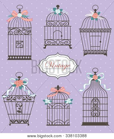 Set With Vintage Bird Cages Decorated With Flowers And Ribbons. Hand Drawn Vector Illustration