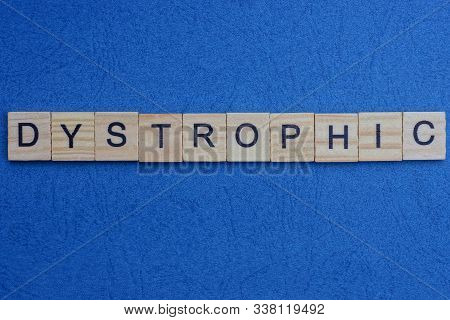 Word Dystrophic Made From Wooden Letters Lies On A Blue Table