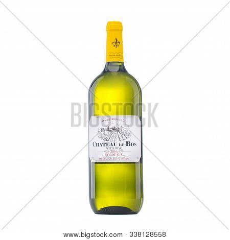Bottle Of Italian Wine On White Background. Full White Wine Bottle. Isolated On A White Background. 