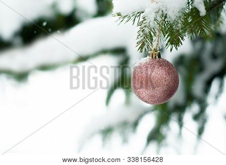 Christmas Pink Shiny Ball Toy On The Snow Branch Of A Green Tree. Glitter Christmas Toy. Snow Lies O