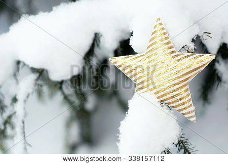 Christmas Red Shiny Toy On The Snow Branch Of A Green Tree. Snow Lies On The Branches Of Fir Tree. C