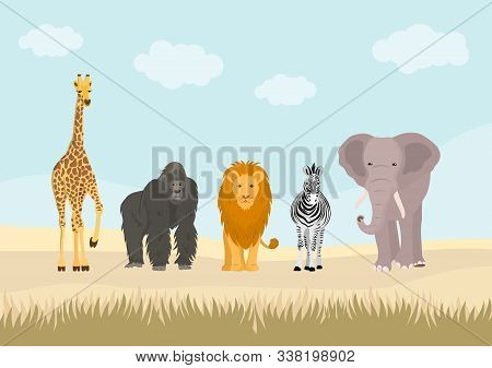 Set Of African Animals In The Jungle. Flat Cartoon Animals Design.
