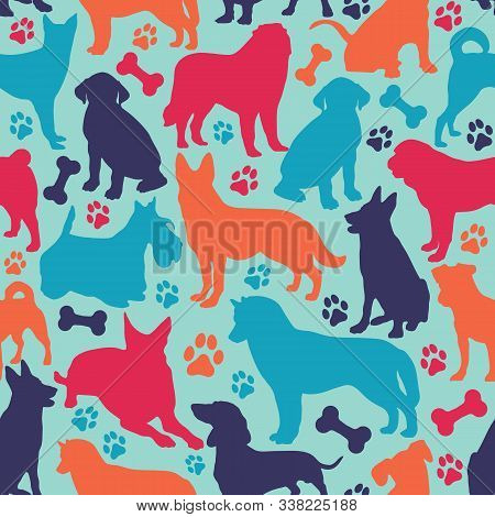 Seamless Pattern With Different Dog Breeds. Dachshund, Dalmatian, Terrier, Retriever, Risen-schnauze
