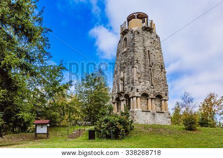 Zelena Hora, Pelhrimov / Czech Republic - September 13 2019: Bismarck Tower Made Of Stone Built In 1