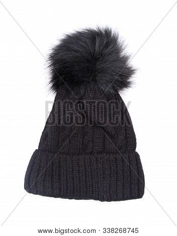 Knitted Hat Isolated On White Background .hat With Pompon Black .