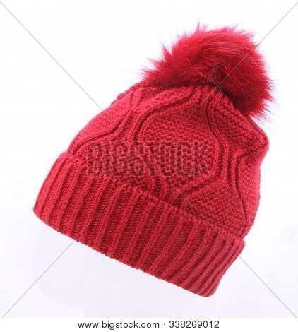 Knitted Hat Isolated On White Background.hat With Pompon .