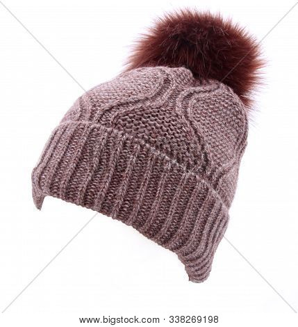 Brown Knitted Hat On A White Background