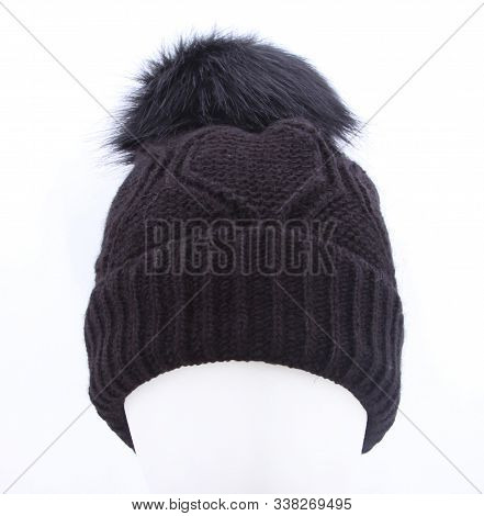 Knitted Hat Isolated On White Background .hat With Pompon Black .
