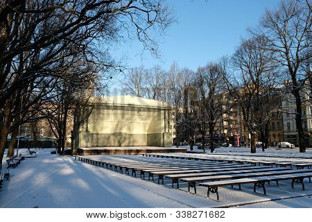 Riga / Latvia - 01 December 2019: Verman Park In Winter. View On Scene