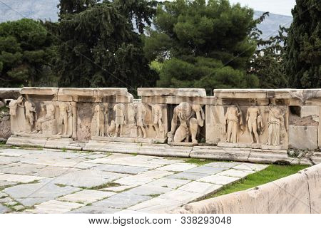 Old Ancient Marble Figures In The Teathre Of Dionysus In Athens Greece, Acropoli Museum