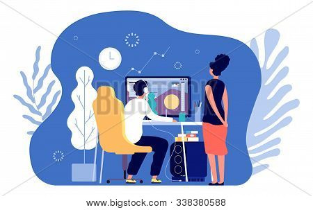 Graphic Designers. Professional Design, Designer Working At Computer. Creative Digital Artist And Ed