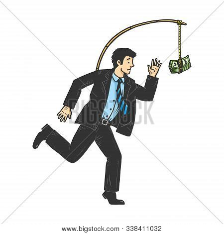 Businessman Chasing Money That Is Tied To Him Sketch Engraving Vector Illustration. Metaphor Of Hedo