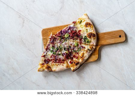 Flammkuchen Pizza Slices / Traditional Tarte Flambee With Creme Fraiche, Cream Cheese, Bacon And Red
