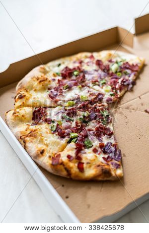 Flammkuchen Pizza Slices / Traditional Tarte Flambee With Creme Fraiche, Cream Cheese, Bacon And Red