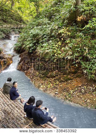 Noboribetsu, Hokkaido, Japan: October 14 2019: River Oyunuma River Natural Hot Spring Foot Bath.